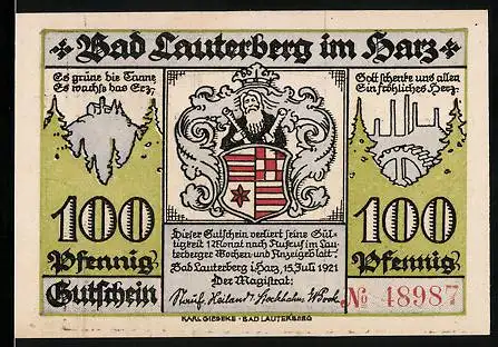 Notgeld Bad Lauterberg i. Harz 1921, 100 Pfennig, Der Bismarckturm und der Knollenturm