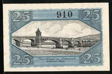 Notgeld Schweich 1920, 25 Pfennig, Moselbrücke, Hermes und Bäuerin