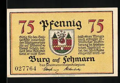 Notgeld Burg auf Fehmarn, 75 Pfennig, Soldaten beobachten abfahrende Schiffe