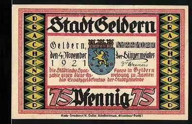 Notgeld Geldern 1921, 75 Pfennig, Söhne flehen ihren Vater an, kämpfen zu dürfen