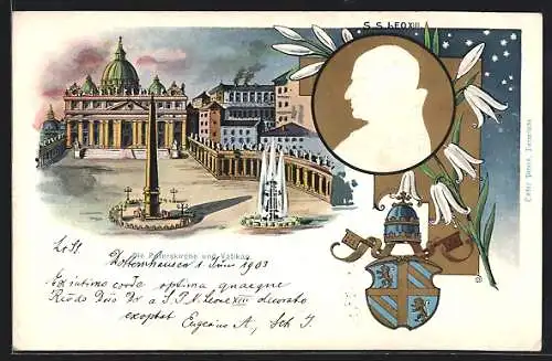 Lithographie Rom, Petersdom mit Petersplatz, Konterfei Papst Leo XIII.