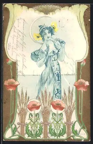 Künstler-AK Dame mit Blumen im Jugendstil