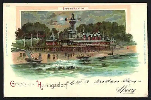 Lithographie Heringsdorf / Seebad, Cafe Strandkasino bei Mondschein