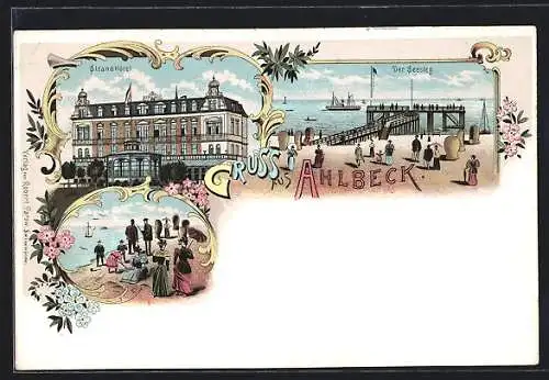 Lithographie Ahlbeck / Seebad, Strand-Hotel, Der Seesteg, Strandpartie