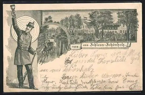 Lithographie Berlin-Schönholz, Gasthaus zum Schloss, Jäger hebt sein Glas