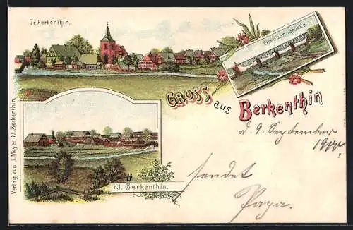 Lithographie Berkenthin, Eisenbahnbrücke, Ortsansicht Gross Berkenthin mit Kirche