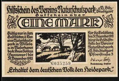 Notgeld Stuttgart 1921, 1 Mark, Hilfsschein des Vereins Naturschutzpark eV, weidende Hirsche