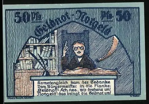 Notgeld Schmölln /Thüringen 1921, 50 Pfennig, Bürgerlmeister mit Buch