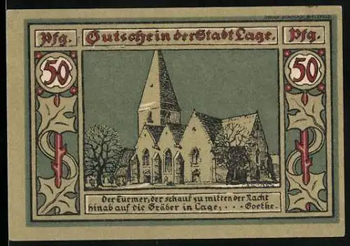 Notgeld Lage i. Lippe 1921, 50 Pfennig, Blick zur Kirche, Wappen