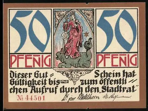 Notgeld Kahla /Thür. 1921, 50 Pfennig, Altes oberes Tor und Wappen