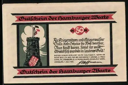 Notgeld Hamburg 1921, 50 Pfennig, Turm mit Wappen