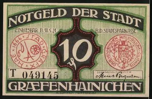 Notgeld Gräfenhainichen 1921, 10 Pfennig, Rathaus, Paul Gerhardts Geburtshaus