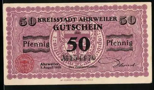 Notgeld Ahrweiler 1918, 50 Pfennig, Wappen, Unterschrift vom Bürgermeister