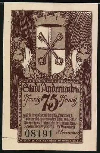 Notgeld Andernach 1920, 75 Pfennig, Burgturm, Wappen