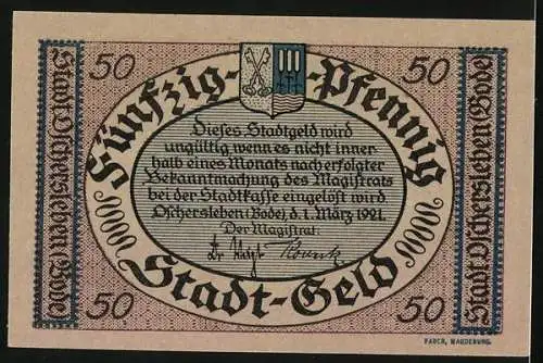 Notgeld Aschersleben 1921, 50 Pfennig, Strassenpartie im Ort