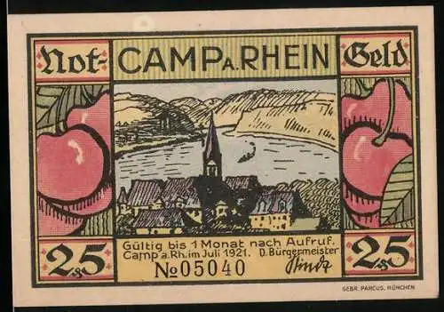 Notgeld Camp a. Rhein 1921, 25 Pfennig, Ortsansicht mit Kirche, Dampfer