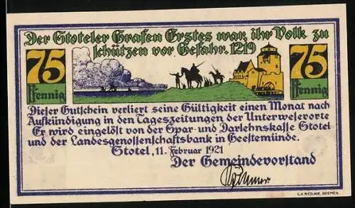 Notgeld Stotel 1921, 75 Pfennig, Grafen und Burg, Hermann Allmers