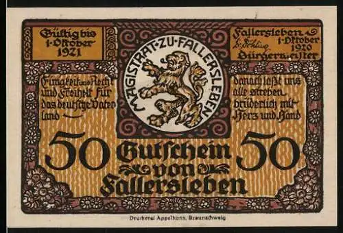 Notgeld Fallersleben 1920, 50 Pfennig, Dichter-Portrait und Geburtshaus, Wappen