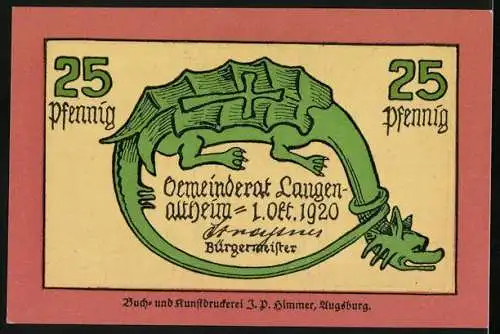 Notgeld Langenaltheim 1920, 25 Pfennig, Drache mit Rückenpanzer, Archaeopteryx Fossil und Lebenddarstellung
