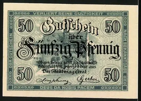 Notgeld Ochsenfurt a. Main 1919, 50 Pfennig, Wappen mit Ochsen