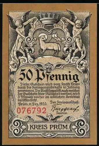 Notgeld Prüm 1920, 50 Pfennig, Die Abtei und das Wappen