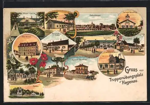 Lithographie Hagenau, Truppenübungsplatz, Hotel Hirsch, Wirtschaft zum Schwan, Bahnhof, Wache und Post, Kaltenhausen