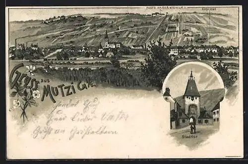 Lithographie Mutzig, Stadttor, Feste Kaiser Wilhelm II. mit Kaserne