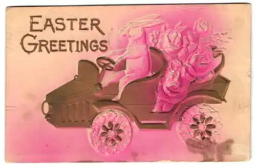 Präge-Airbrush-AK Osterhase mit Rosen in seinem Auto