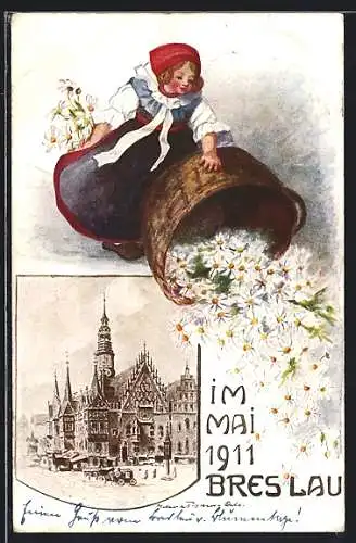 AK Breslau, Blumentag 1911, Mädchen schüttet einen Korb mit Blumen um