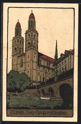 Steindruck-AK Zürich, Grossmünster mit Dampfer