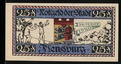 Notgeld Flensburg 1920, 25 Pfennig, Wappen, Bürger in historischer Szene