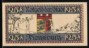 Notgeld Flensburg 1920, 25 Pfennig, Wappen, Bürger in historischer Szene