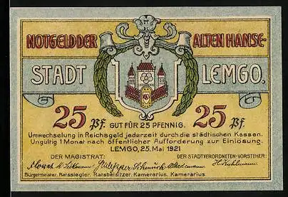 Notgeld Lemgo 1921, 25 Pfennig, Rathaus, Wappen