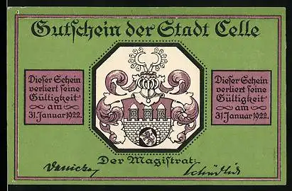 Notgeld Celle 1922, 75 Pfennig, Stadtwappen, Schuhstrasse und Bürgerhäuser