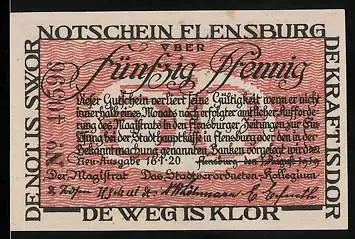 Notgeld Flensburg 1920, 50 Pfennig, Familie am Schild nach Deutschland und Dänemark