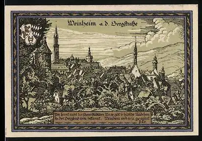 Notgeld Weinheim, 2 Mark, Denkmal, Ortsansicht