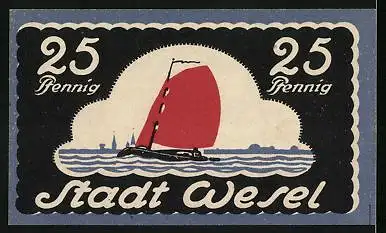 Notgeld Wesel 1921, 25 Pfennig, Stadtwappen, Segelschiff