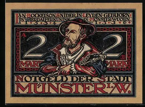 Notgeld Münster 1921, 2 Mark, Geistlicher mit Stab, Prediger mit Buch