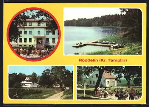 AK Röddelin, Ferienheim Südharz d. VEB Kalibetrieb Werk Thomas Müntzer, Terrasse und Hauptgebäude, Parkpartie