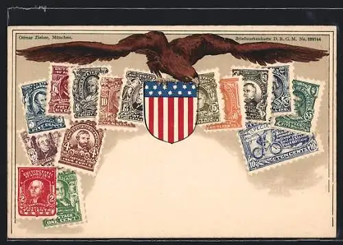 AK Adler mit amerikanischem Wappen nebst Briefmarken