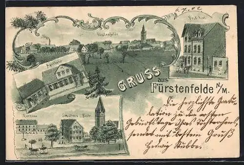 Lithographie Fürstenfelde /N. M., Apotheke, Postamt, Rathaus, Kirche