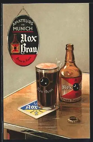 Künstler-AK Brauerei-Werbung für Nox-Brau, Bierglas und Flasche auf einem Tisch