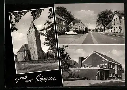 AK Schapen / Kr. Lingen, Kirche, Strassenpartie und VeGe-Markt