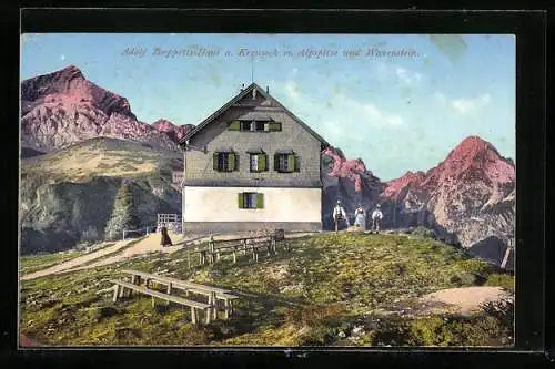 AK Adolf Zoeppritz-Haus, Berghütte mit Alpspitze und Waxenstein