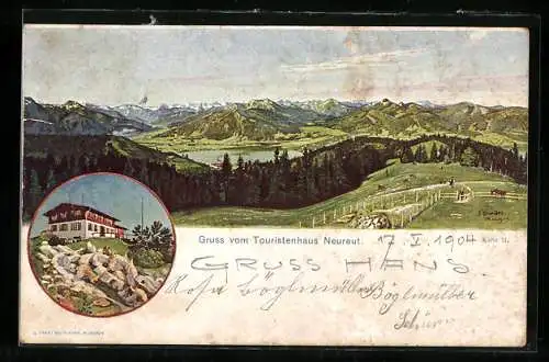 Lithographie Neureut, Panorama und Unterkunftshaus