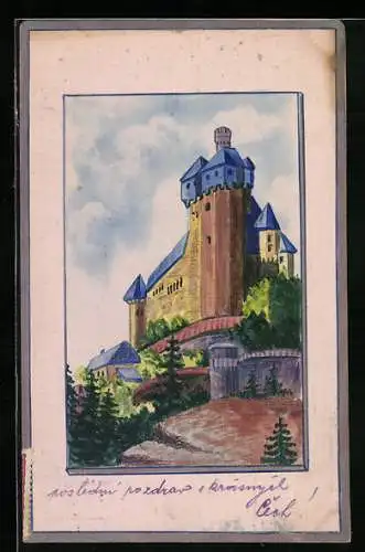Künstler-AK Handgemalt: Burg mit Mauer im Sonnenschein