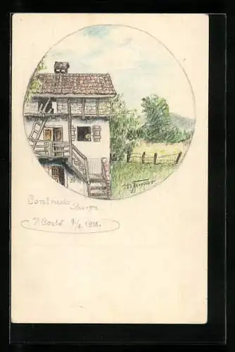 Künstler-AK Handgemalt: Haus mit Aussentreppe in Landschaft mit Bergblick