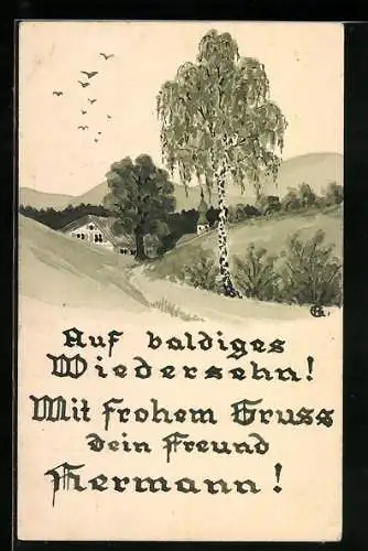 Künstler-AK Handgemalt: Birke in Landschaft vor Ortschaft, fliegender Vogelschwarm