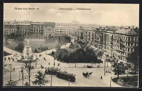 AK Berlin, Lützowplatz und Schillstrasse mit Strassenbahnen aus der Vogelschau