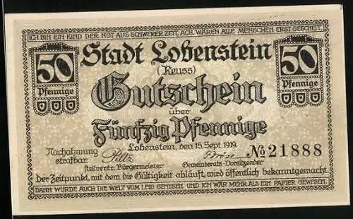 Notgeld Lobenstein 1919, 50 Pfennig, Teilansicht mit Burg